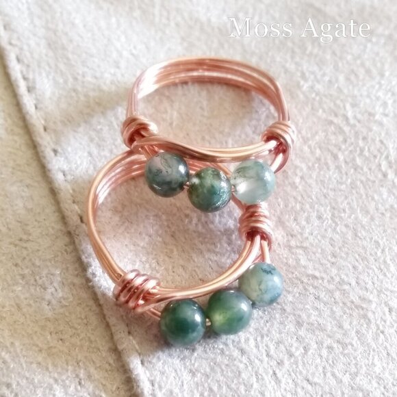 Slim Moss Agate Beaded Handmade Rings - Sturdy Every Day Wear! Copper or Brass! - Picture 6 of 12